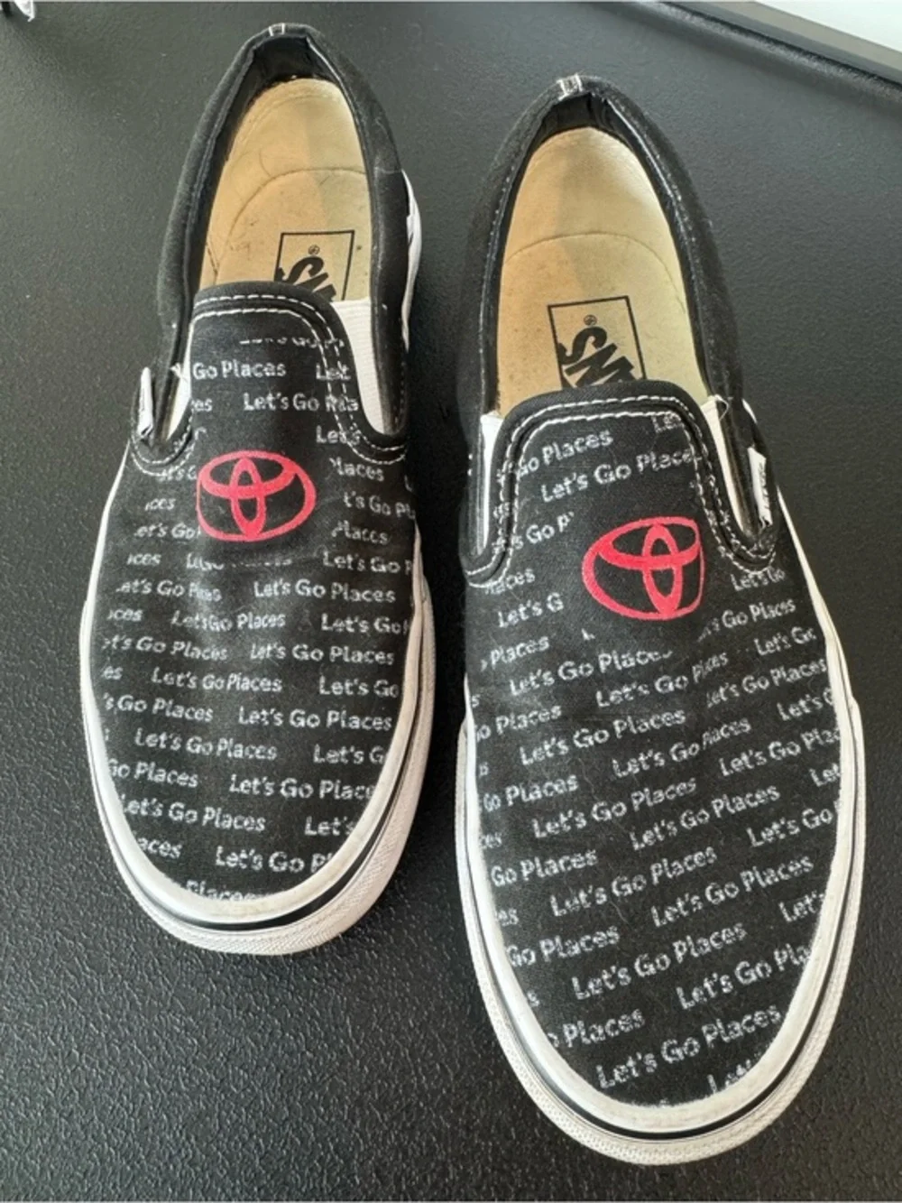 Vans RARE TOYOTA Black Slip-On Sneakers with Red Logo and Text Print